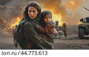 Mother protecting child escaping war with soldiers in background. Стоковое AI-видео, аниматор Юрий Поздников / Фотобанк Лори