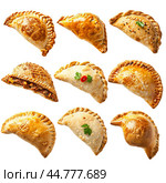 Delicious traditional empanadas floating on white background. Стоковое AI-изображение, AI-художник Иван Рябоконь / Фотобанк Лори