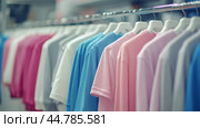 Colorful display of T-shirts hanging in a clothing store featuring various pastel shades. Стоковое AI-изображение, AI-художник Юлия Гапеенко / Фотобанк Лори