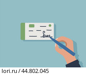 A businessman signs a check for payment or a checkbook. Vector illustration flat cartoon style. Стоковая иллюстрация, иллюстратор Глущенко Елена / Фотобанк Лори