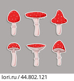 Stickers of poisonous fly agaric mushrooms, a vector illustration of forest inedible mushrooms. Стоковая иллюстрация, иллюстратор Глущенко Елена / Фотобанк Лори