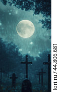 Graveyard cross under full moon with spider web and bokeh effect, background. Стоковое AI-изображение, AI-художник Анастасия Золотницкая / Фотобанк Лори
