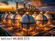 White spherical tanks for storing oil in an outdoor refinery. Tanks for petroleum products are equipment for industrial spherical oil storage. Стоковое AI-изображение, AI-художник Photojuli / Фотобанк Лори