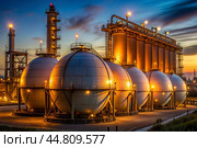 White spherical tanks for storing oil in an outdoor refinery. Tanks for petroleum products are equipment for industrial spherical oil storage. Стоковое AI-изображение, AI-художник Photojuli / Фотобанк Лори