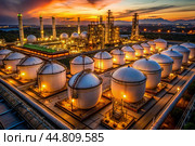 White spherical tanks for storing oil in an outdoor refinery. Tanks for petroleum products are equipment for industrial spherical oil storage. Стоковое AI-изображение, AI-художник Photojuli / Фотобанк Лори