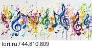 Colorful background with musical notes and treble clef in colorful colors. Стоковое AI-изображение, AI-художник Ярославский Максим / Фотобанк Лори