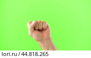Male Hand Making Rise Up Sign Symbol. Chroma Key Green Screen Background. Gesture Movement. Body Language. 4K Footage. Close Up. Raised Hand. Clenched Closed Fist. Raised Up. Human Equal Rights. Vote. Стоковое видео, видеограф Марина Демидюк / Фотобанк Лори