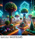 Futuristic neon forest with glowing trees and geometric shapes at night. Стоковое AI-изображение, AI-художник Алексей Сабадырь / Фотобанк Лори