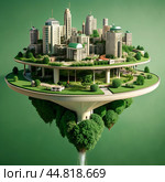 Futuristic floating city with colorful buildings and greenery. Стоковое AI-изображение, AI-художник Алексей Сабадырь / Фотобанк Лори