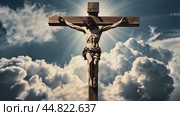 Jesus Christ on the cross with clouds and radiant light in background. Стоковое AI-видео, аниматор Андрей Митин / Фотобанк Лори