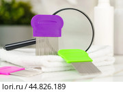 Lice treatment product next to a nit comb and magnifying glass. Стоковое фото, фотограф Сергей Толмачёв / Фотобанк Лори