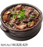 Feijoada, brazilian black bean stew with meat and parsley garnishing a rustic clay bowl. Стоковое AI-изображение, AI-художник Иван Рябоконь / Фотобанк Лори