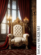 Old white and gold Royal chair with red curtains and candelabra in medieval vintage room. Throne for king in castle. Background in architecture or retro interior design. Copy space, text place. Стоковое AI-изображение, AI-художник Aleksandr Golubev / Фотобанк Лори