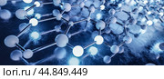 Atoms molecules bonds abstraction bubbles blue background. Graphene surface, ball atoms and bonds with carbon glossy structure, surface. 3d rendering. Стоковая иллюстрация, иллюстратор Павел Муравьев / Фотобанк Лори