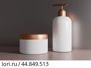 Cream mockup. White, blank, unbranded cosmetic cream jar and bottle on beige background. Skin care product presentation. Elegant mockup. Beauty and spa. Jar, tube with copy space. 3D rendering. Стоковое фото, фотограф Павел Муравьев / Фотобанк Лори