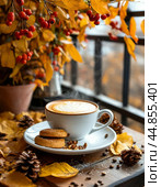 A cup of morning coffee on the veranda in the autumn garden. Autumn still life. Стоковое AI-изображение, AI-художник Сергей Елизарьев / Фотобанк Лори
