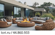 Camera panning around modern patio furniture with fire pit. Стоковое AI-видео, аниматор Юрий Поздников / Фотобанк Лори