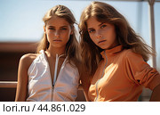 Young girls stand next to each other and look at the camera. Close-up. Стоковое AI-изображение, AI-художник Ярославский Максим / Фотобанк Лори