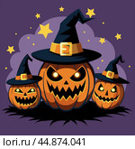 Three cartoon orange halloween pumpkins wearing witch hat. Стоковая иллюстрация, иллюстратор Никифорова Елена / Фотобанк Лори