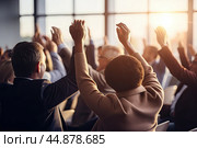 Meetings, seminars and strategic sessions are held in the meeting room. Questions are asked and hands are raised. Стоковое AI-изображение, AI-художник Ярославский Максим / Фотобанк Лори