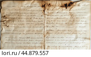 Ancient letter found in ruins, showcasing faded handwriting and charred edges from historical event. Стоковое AI-изображение, AI-художник Юлия Гапеенко / Фотобанк Лори