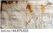 Ancient letter found in ruins, showcasing faded handwriting and charred edges from historical event. Стоковое AI-изображение, AI-художник Юлия Гапеенко / Фотобанк Лори