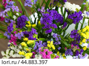 Bouquet of multicolored flowers in a vase (Limonium sinuatum, Statice sinuata) on a green background. Стоковое фото, фотограф Ирина Вершинская / Фотобанк Лори