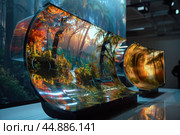 Transparent oled screen showing colorful autumn forest footage in a bright room. Стоковое AI-изображение, AI-художник Иван Рябоконь / Фотобанк Лори