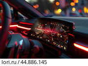 Modern car dashboard showing gps navigation and infotainment system at night. Стоковое AI-изображение, AI-художник Иван Рябоконь / Фотобанк Лори