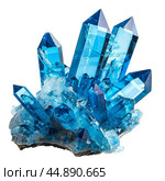 Cluster of vivid blue celestite crystals on white background. Стоковое AI-изображение, AI-художник Иван Рябоконь / Фотобанк Лори