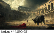 A dramatic encounter between a bull and a warrior in the ancient Roman Colosseum during sunset. Стоковое AI-изображение, AI-художник Сергей Толмачёв / Фотобанк Лори