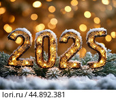 New Year's numbers "2025" on snow-covered spruce branches, blurred background of multi-colored New Year's lights. New Year's card. Стоковое AI-изображение, AI-художник Сергей Елизарьев / Фотобанк Лори