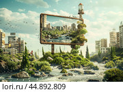 Old billboard showing idyllic landscape surrounded by urban sprawl. Стоковое AI-изображение, AI-художник Иван Рябоконь / Фотобанк Лори