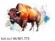 Watercolor bison illustration on white background. Стоковое AI-изображение, AI-художник Ксения Лаптева / Фотобанк Лори