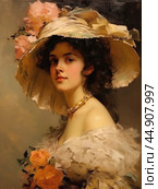 Woman portrait in Edwardian attire with a large brimmed floral hat. Стоковое AI-изображение, AI-художник Ксения Лаптева / Фотобанк Лори