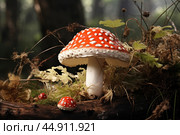 Mushroom Amanita closeup. Стоковое AI-изображение, AI-художник Veniamin Kraskov / Фотобанк Лори