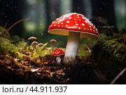 Mushroom Amanita closeup. Стоковое AI-изображение, AI-художник Veniamin Kraskov / Фотобанк Лори