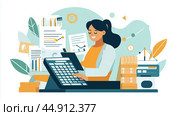 A woman using a cash register in a busy office filled with documents, charts, and tools during a productive workday. Стоковое AI-изображение, AI-художник Сергей Толмачёв / Фотобанк Лори