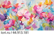 Abstract expressionist flowers oil painting, shades of pink, red, yellow, blue, and green. Стоковое AI-изображение, AI-художник Ксения Лаптева / Фотобанк Лори