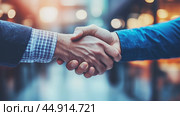 Two business professionals shake hands to finalize a deal in a modern office setting during the early afternoon. Стоковое AI-изображение, AI-художник Сергей Толмачёв / Фотобанк Лори