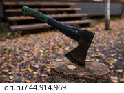 An axe will be stuck into a wooden log. Harvesting firewood for the winter season. Logging on the background of a country house. Lumber, wood-cutting tools. Стоковое фото, фотограф Photojuli / Фотобанк Лори