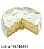 Creamy brie round cheese wheel showing soft ripened interior. Стоковое AI-изображение, AI-художник Иван Рябоконь / Фотобанк Лори