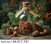 Cedar oil is used as a food product, in cosmetics and dietary supplements. Стоковое AI-изображение, AI-художник Сергей Елизарьев / Фотобанк Лори