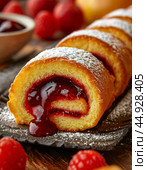 Sponge cake roll made of yeast dough with jam inside. Still life. Стоковое AI-изображение, AI-художник Сергей Елизарьев / Фотобанк Лори