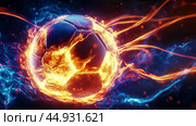 A soccer ball ignited in vibrant flames with colorful energy trails swirling around it during a dynamic sports illustration. Стоковое AI-изображение, AI-художник Сергей Толмачёв / Фотобанк Лори