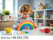 Toys. A little boy is playing educational games. A rainbow-shaped children's toy, colored pyramids and logic toys for children. Montessori games for child development. Стоковое AI-изображение, AI-художник Photojuli / Фотобанк Лори