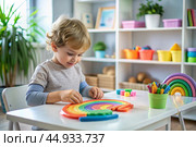 Toys. A little boy is playing educational games. A rainbow-shaped children's toy, colored pyramids and logic toys for children. Montessori games for child development. Стоковое AI-изображение, AI-художник Photojuli / Фотобанк Лори
