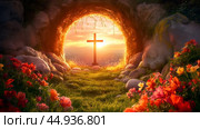The empty tomb revealing the miracle of Jesus' resurrection at dawn surrounded by flowers. Стоковое AI-изображение, AI-художник Ксения Лаптева / Фотобанк Лори