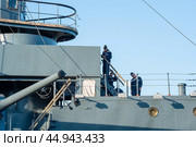Protected cruiser Aurora, currently preserved as a museum ship in Saint Petersburg (2024 год). Редакционное фото, фотограф Евгений Харитонов / Фотобанк Лори