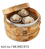 Steaming basket releasing hot steam with delicious baozi dumplings inside. Стоковое AI-изображение, AI-художник Иван Рябоконь / Фотобанк Лори